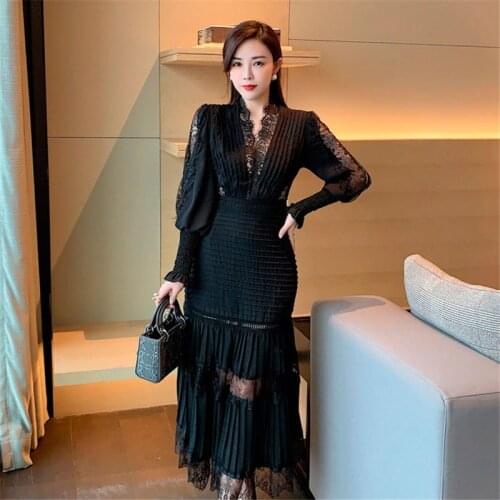 Lantern Sleeve Lace Patchwork Pleated Dress Women V-Neck High Waist Long Midi Dress Elegant Hollow Out Sexy Sheath Dress B656