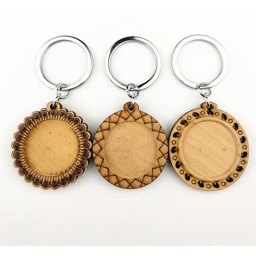 24pcs new design Log sunflower, brown wood cabochon settings 25mm inner size blank cameo keychain base trays with Metal buckle