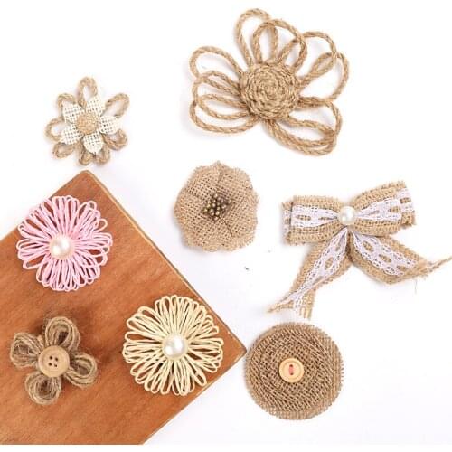 5pcs/lot Handmade Burlap Flowers Heads Vintage Hessian Bowknot Flower Rustic Wedding Party Decoration DIY Craft Supplies
