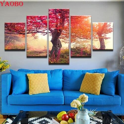 5D DIY Diamond Painting Autumn Red Maple Tree Scenery Full Square Round Drill Diamond Embroidery Handmade Home Decoration 5pcs