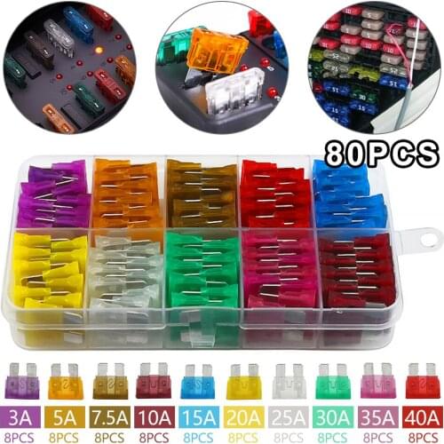 80Pcs Mini Standard Blade Fuses Set for 2/5/7.5/10/15/20/25/30 AMP Automotive Car Boat Truck Blade Fuse Assortment Kit