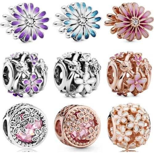 Diy Charm Rose Openwork Purple Pink Daisy Meadow With Crystal 925 Sterling Silver Bead Fit Pandora Bracelet Bangle Jewelry