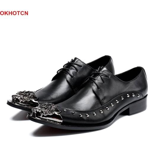 Black Soft Genuine Leather shoes for Men Business Office Shoes Fashion Rivets Studded Men Dress Party Shoes Lace Up Oxfords shoe