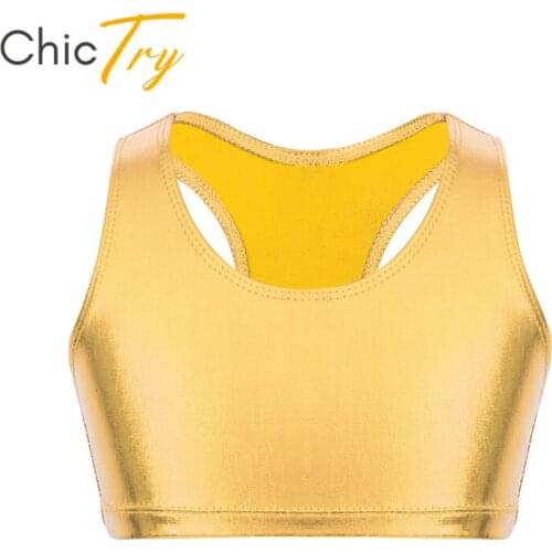 ChicTry Kids Girls Shiny Metallic Sleeveless Racer Back Gym Ballet Gymnastics Crop Tops Children Stage Performance Dance Costume