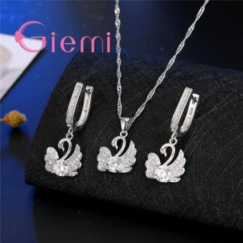 Shiny Cubic Zirconia Gorgeous Swan Halo Crystal Jewelry Sets Elegant 925 Sterling Silver Fashion Necklaces Earrings Set