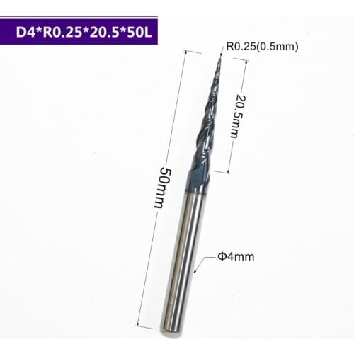 HRC55 solid carbide D4*R0.25*20.5*50L TiALN Coated Taper Ball Nose End Mill,cone milling cutter,Spherical woodworking router bit