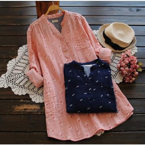 Lamtrip Sweet Cherry Cotton Yarn Soft Skin-Friendly Breathable Rustic Fruit Print Long Sleeve Vintage Shirt Blouse