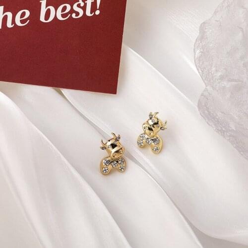 Minar 2021 New Year Bling Bling Cattle Earrings for Women Gold Color Metallic Rhinestones Bull Small Stud Earrings Bijoux Femme
