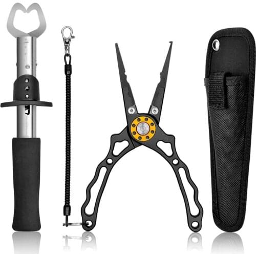 Stainless Steel Multi-Function Fishing Pliers Fish Lip Gripper Hook Remover with Coiled Lanyard and Sheath split ring cutting