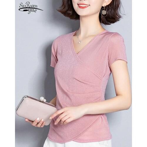 Fashion Short Sleeve Solid Blouse Womens Summer Blouses 2020 V-neck Office Ladies Tops Plus Size Blouse Women Shirts 4855 50