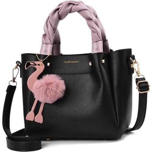 Fashion New Womens Flamingo Ball decor Bucket Bag PU Leather Twist Braided handle Handbag women Messenger Bag