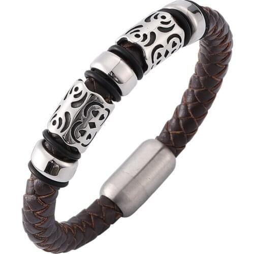 Jewelry Brown Woven Leather Rock Bracelet Male Stainless Steel Magnetic Buckle Punk Bracelet Men Accessories PD0160