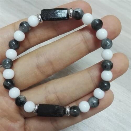 Natural Rough Black Tourmaline Healing Stone Bead Combo 6mm Polished Grey Labradorite White Stone Energy Bracelet For Man Women