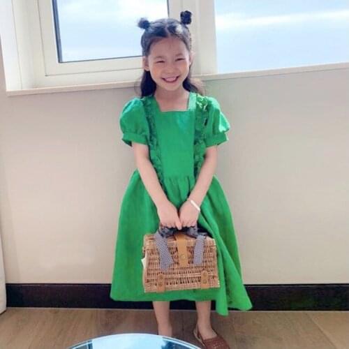 Designer Girl Green Party Dresses Summer Fashion Party Show Baby Clothing Square Collar Elegant Teen Girls Dress