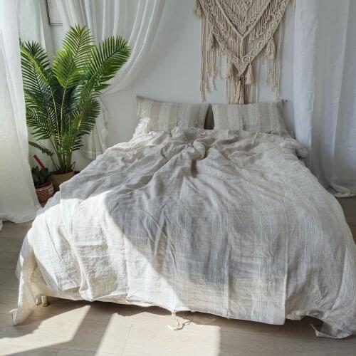 Linen Duvet Cover Set- Natural Stripe including one duvet cover with shell button closure and two matching pillow cases