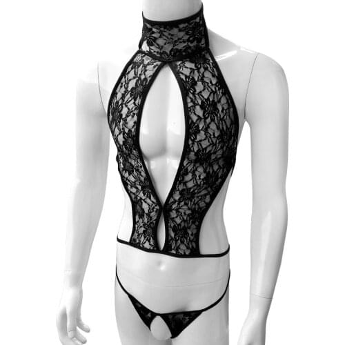 See Through Men Lace Bikini Lingerie Set Sleeveless Sissy Bra Tops with Crotchless G-string Thong Underwear Gay Sexy Panties