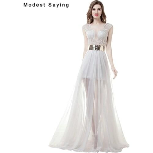 Sexy High Split Ivory Sheer A-line Illusion Embroidery Evening Dresses 2017 with Belt Party Prom Gowns vestido longo de festa