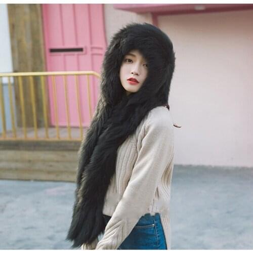 2020 Brand New Genuine Fox Fur Hand Knitted Russian Womens Winter Fur Hooded Scarf Scarves Real Fur Hat Caps Soft Fluffy Warm