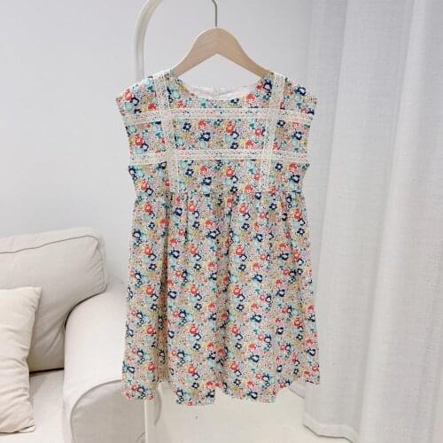 French style blue floral sleeveless lace dress cotton sweet baby girls dress