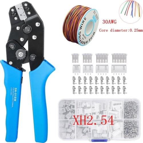 SN-01BM XH2.54 SM plug crimping tool AWG30-20, with XH2.54mm pin connector terminal and 8-color cable