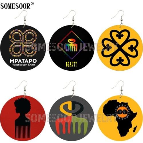SOMESOOR Jewelry Pattern Design African Comb Map Printing Double Sides Print Wooden Drop Dangle Earrings For Women Gifts
