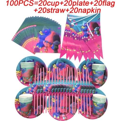 Trolls Party Supplies Cup Plate Straws Napkin Disposable Tableware Set Trolls Theme Baby Shower Birthday Party Banner Decoration