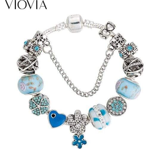 VIOVIA New Flowers Heart New Antique Blue Glass Bead Chain Charms Bracelet Fit Original Bracelet for Women DIY Jewelry B17112