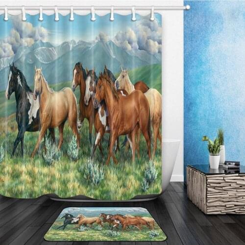 Horse Shower Curtains Strong Run Animal Scenery Pattern Bathroom Decor Waterproof Cloth Hanging Curtains Set,With 40x60cm Mat