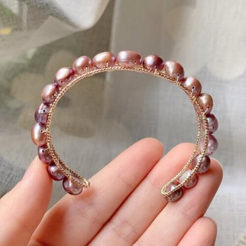 8-9mm Irregular Nuggets Shiny Purple Baroque Pearl Bracelet for Women Open Cuff Bangle Elegant Natural Freshwater Pearl Bracelet