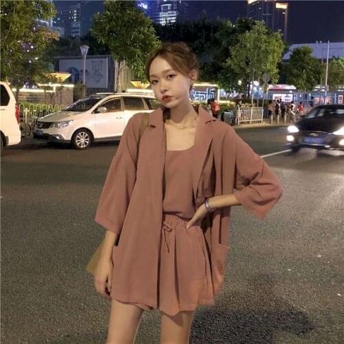 2021 Spring Summer New Womens Casual Outfit Korean Fashion Three Piece Sets Small Sling Suit Jacket High Waist Short Pants Suit