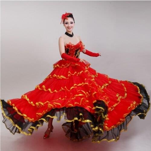 Women short sleeve Dance Costume National red adult stage Performance wear Female festival dance long dress