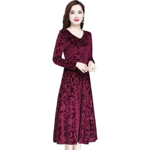 Womens Spring Autumn Style Velvet Dress Womens Long Sleeve Solid Color V-Neck Elegant Slim Dress AA3295