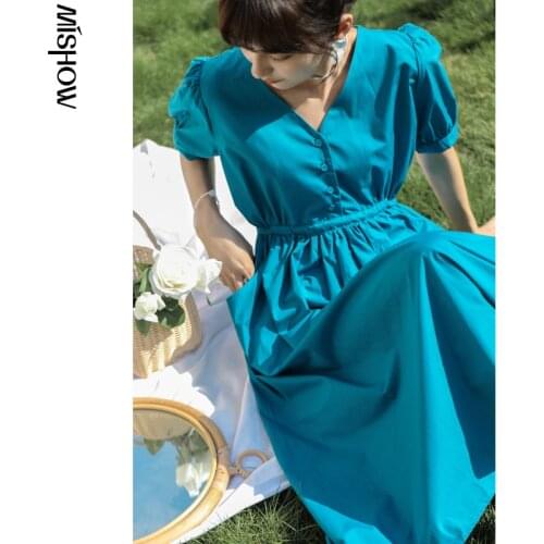 MISHOW Dresses For Women Puff Sleeve Elegant Solid Sexy High Waist Dress Vintage Clothes Female Retro Vestidos MXA26L0370