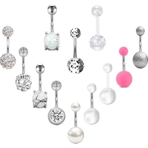 12pcs Stainless Steel Navel Rings Trendy CZ Acrylic Polymer Clay Piercing Fashion Crystal Bell Button Ring Female Body Jewelry
