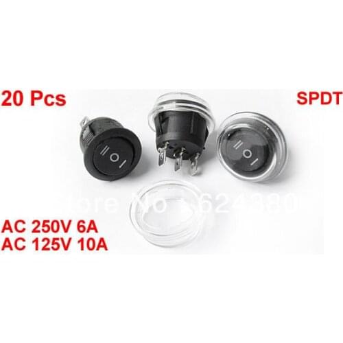 20 Pcs x AC 250V/6A 125V/10A SPDT 1P2T ON/OFF Round Rocker Boat Switch w Waterproof Cover
