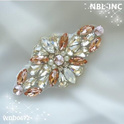 30pcs) Wholesale bridal beaded sewing silver opal peach crystal rhinestone applique patch iron on for wedding dress WDD0672