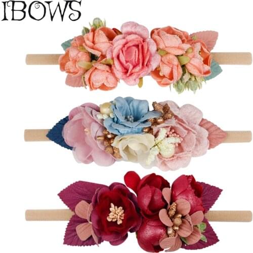IBOWS Hair Accessories Headbands For Girls Artificial Fake Flowers Nylon Head Band Newborn High Elastic 4.5 Inch Headdress
