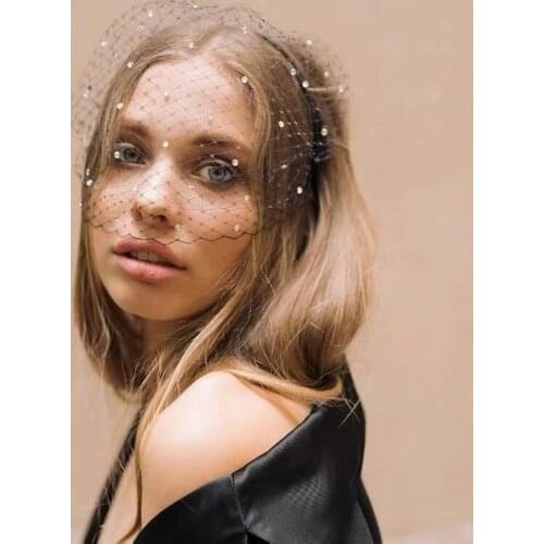 Black Headband Veil Bridal Rhinestone Beaded Birdcage Face Net Mask Hair Accessorie for Elegant Wedding Charming Bridal Veil
