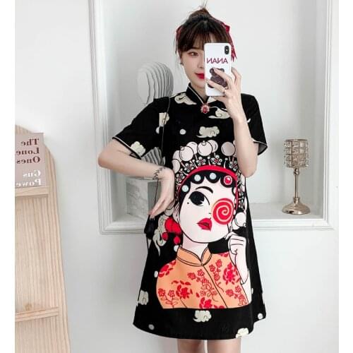 Improved Cheongsam For Young Women Fashion Print Loose Stand Collar Buckle Short Sleeve Qipao Dress Female Summer Chinese Dress