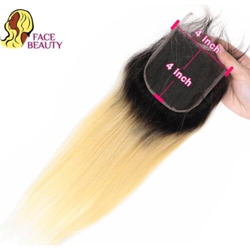 Facebeauty 4 x 4 Lace Closure 1B 613 Platinum Blonde Ombre Remy Peruvian Straight Human Hair Closure 8 - 22 Inch With Baby Hair