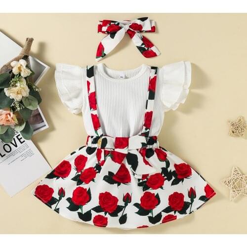 FOCUSNORM 1-6Y Summer Lovely Kids Girls Clothes Sets 3pcs Ruffles Sleeve Solid T Shirts Floral Suspender Skirt+Headband