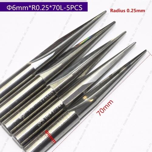 6mm*R0.25*70L,5pcs,Free shipping Taper Ball nose End Mill,CNC milling Cutter,Solid carbide tool,woodworking router bit