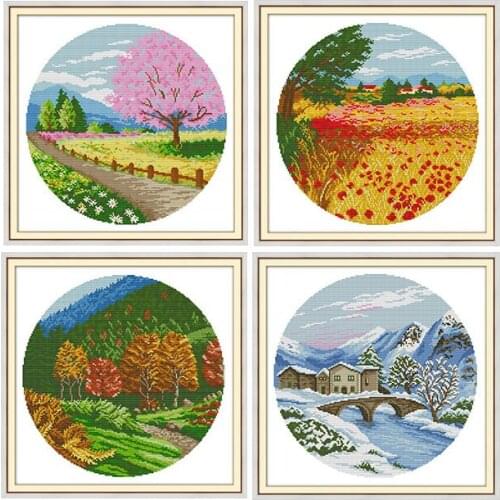 Joy Sunday Four seasons Chinese Cross stitch Kits 14CT DMC scenery patterns embroidery DIY sets Counted Cross-Stitch Home decor