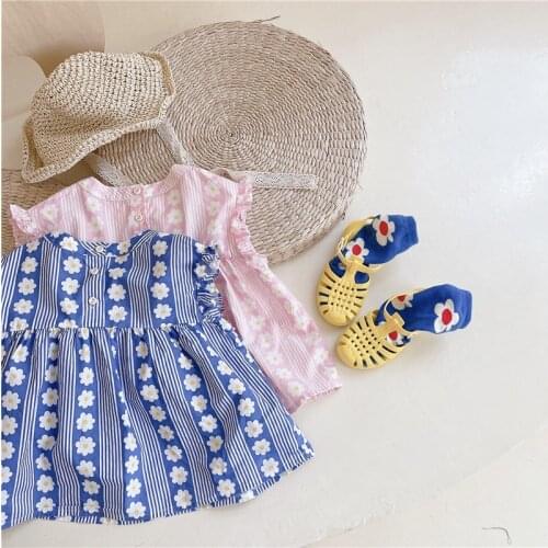 Korean Summer Girls Striped Pink Floral Sleeveless Top 2021 Pure Cotton Casual Princess Vest