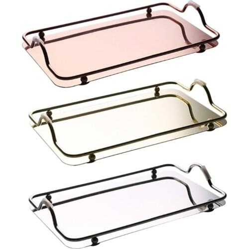 Nordic Style Rectangular Stainless Steel Mirror Tray with Handles Coffee Bar Food Serving Trays Elegant Teapot Cup Storage Plate