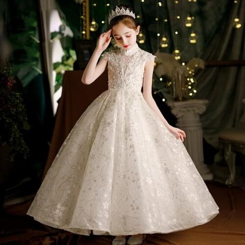 3~12T Children Girls Luxury Embroidery Lace Marriage Ceremony Princess Fluffy Dress Kids Teens Elegant Host Costumes Dress Wear