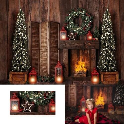 Christmas Backdrop Wood House Fireplace Wreath Photography Background Christmas tree Girl Children Birthday Party Decor Banner