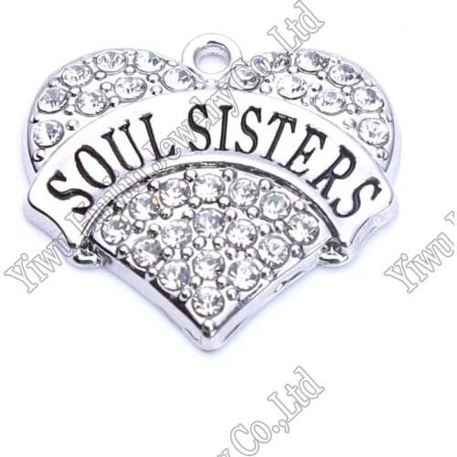 Rhodium Plated Pink/Blue/White Word Pendant SOUL SISTERS Crystal Heart Pendant For Necklace Making