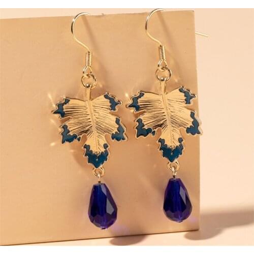 Blue Copper Enameled MAPLE LEAF EARRINGS with Royal Crystal Autumn Jewelry Leaf Fall Charm Earrings Lever Back Maple Leaf #JL30F