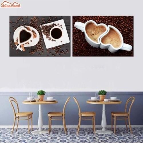 ShineHome-2pcs Canvas Prints Retro Paintings Coffee Bean Love Heart Wall Pictures Posters for Cafe Hotel Restaurant Dinning Room